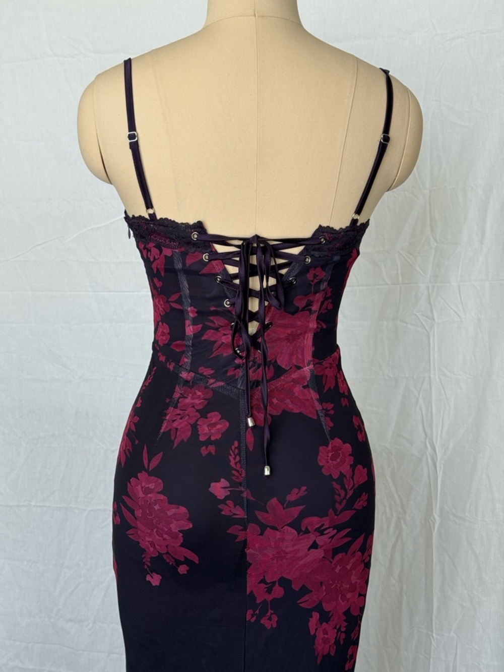 Maxi Corset Dark Purple / Wine Red Floral Lace-Up Bustier Dress - Picture 5 of 9